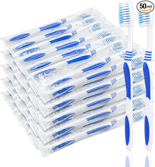 50 Prepasted Disposable Toothbrushes Individually Wrapped Pre Pasted Toothbrushes Soft Bristle Travel Tooth Brush Single Use Wrapped for Hotel, Camping, Travel and Gift for The Homeless