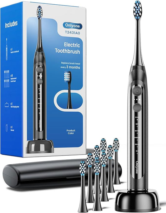 Onlyone Sonic Electric Toothbrush for Adults, Rechargeable Ultrasonic Electric Toothbrush with 8 Brush Heads, Travel Case, Charging Base & Wireless Charging - 5 Modes with Smart Timer