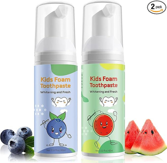 Foam Toothpaste Kids,Toddler Toothpaste with Low Fluoride & Natural Formula to Reduce Plaque, Kids Toothpaste for U Shaped Toothbrush for Children Ages 3 Plus (120 ML, Watermelon & Blueberry)