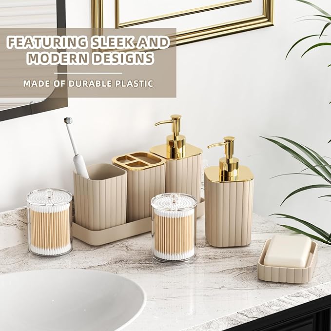 Bathroom Accessories Set - Gorgeous Bathroom Set, 10PC Beige Bathroom Accessory Set, Toilet Brush, Trash Can & Soap Dispenser