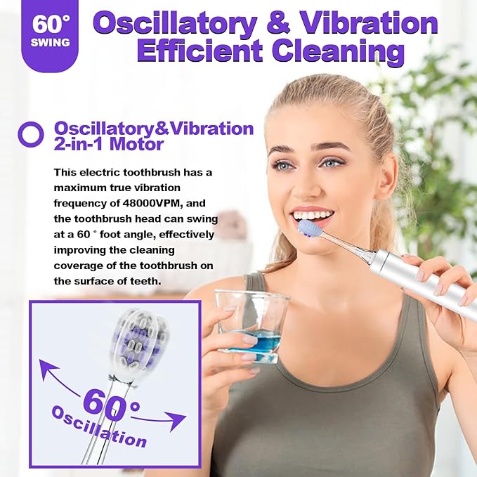 Metal Electric Toothbrush with UV Mode, Vibration and Oscillation Electric Toothbrush for Adults, 6 Brush Heads & Travel Case & Dust Cover, 5 Modes & Built in Timer, One Charge Last 120 Day（Sliver）