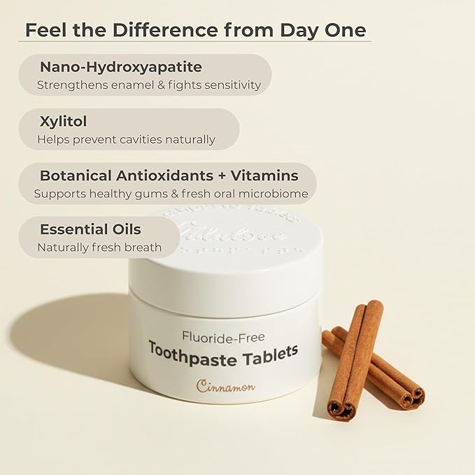 Cinnamon Fluoride-Free Toothpaste Tablets with Nano Hydroxyapatite | Natural Whitening, Enamel Strengthening, Plastic-Free & Travel-Friendly (1 Month Refill) 62 Tablets