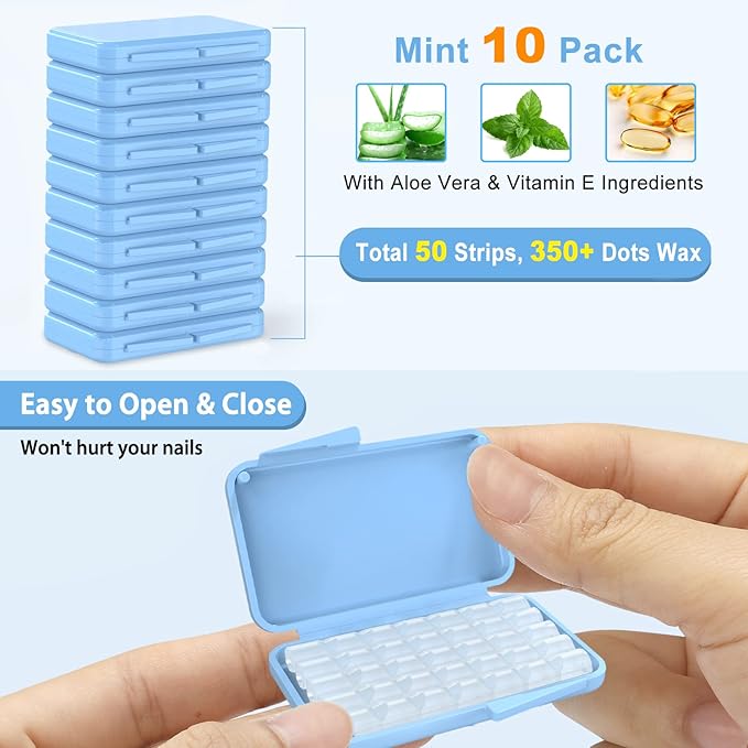Braces Wax, Premium 50 Precut Orthodontic Wax Strips 350+ Dots, Blue Cases, w/Storage Box & 2 Applicator Tools, Food-Grade Dental Wax for Braces - Stick Better (Mint+Aloe Vera +Vitamin E)