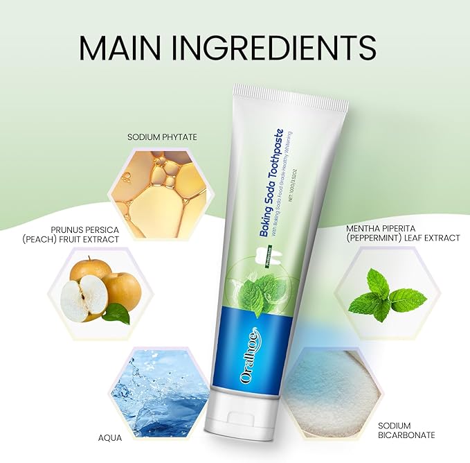 Baking Soda Toothpaste with Peppermint, Peach Extract and Coconut Oil, Natural Whitening Formula for Stain Removal and Fresh Breath, Enamel Safe and Tartar Control,3.52oz