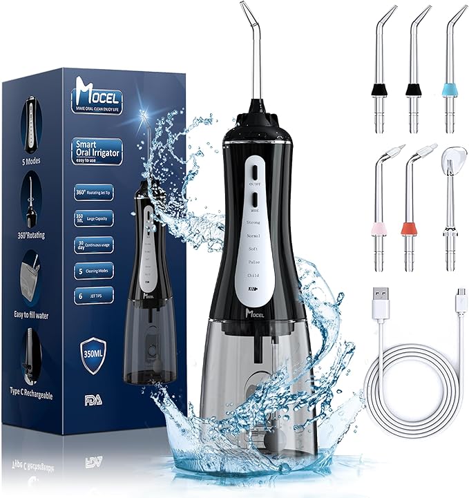 Water Dental Flosser Oral Irrigator with 5 Modes, 350ml Cordless Water Teeth Cleaner Pick 6 Tips, IPX7 Waterproof Rechargeable Portable Powerful Battery for Travel & Home Braces & Bridges Care