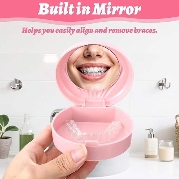 Retainer Case With Mirror Aligner Case Mouth Guard Holder Durable Hygienic Dental Storage Container with Cleaning Brush for Travel Carrying Protecting Braces Partial Dentures