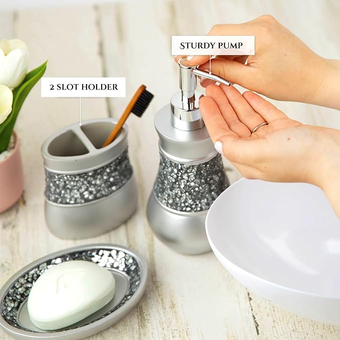 Creative Scents Crackled Glass Silver Bathroom Accessory Set - 4 Piece Bathroom Sets Accessories Included: Soap Dispenser, Toothbrush Holder, Tumbler and Soap Dish