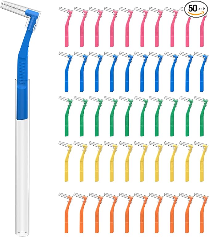 50 Count Angle Interdental Brushes for Braces, 5 Sizes, Extra Tight(0.6mm), Tight(0.7mm), Medium(0.8mm), Wide(1.0mm,1.2mm), L- Shaped Interproximal Floss for Dental Plaque Removal Health