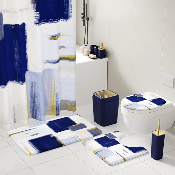 Bathroom Accessories Set - 26PCS Navy Blue Bathroom Set, Bathroom Accessory Set with Shower Curtain and Rugs and Bathtub Mats for Home