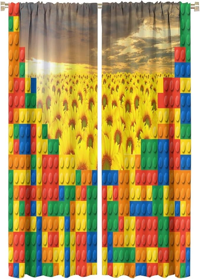 Colorful Building Blocks Sunflower Flower 3D Toy Printed Curtains, Building Blocks, Floral Sunflower Curtains, Interesting Brick 3D Design, Boys and Girls Room Curtain Panels, 2 Panels 42x63in