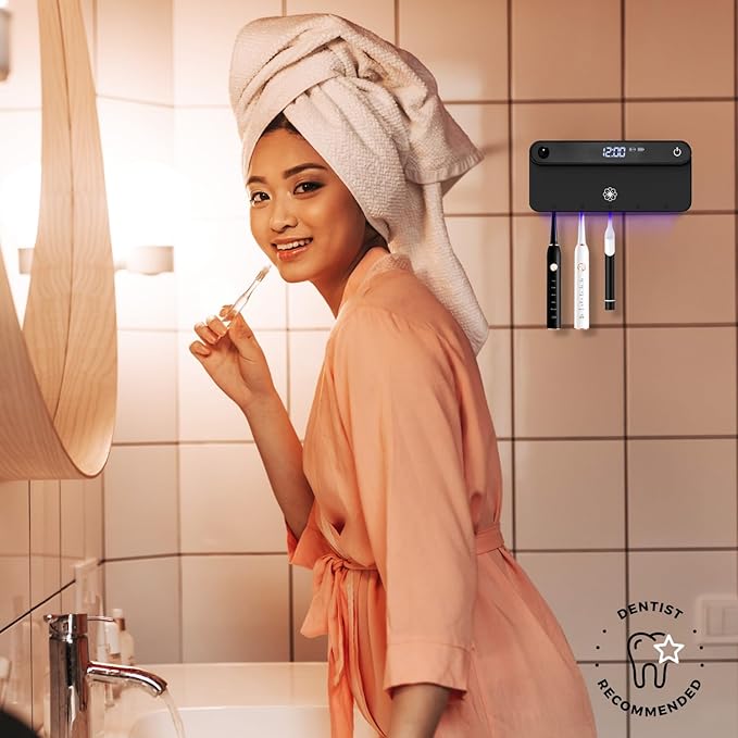 Bloom Toothbrush Sanitizer and Holder for Bathrooms Walls, Strong 3M Adhesive, Time Display, Long-Lasting Charge, 5 Slots for Any Size Toothbrush, White