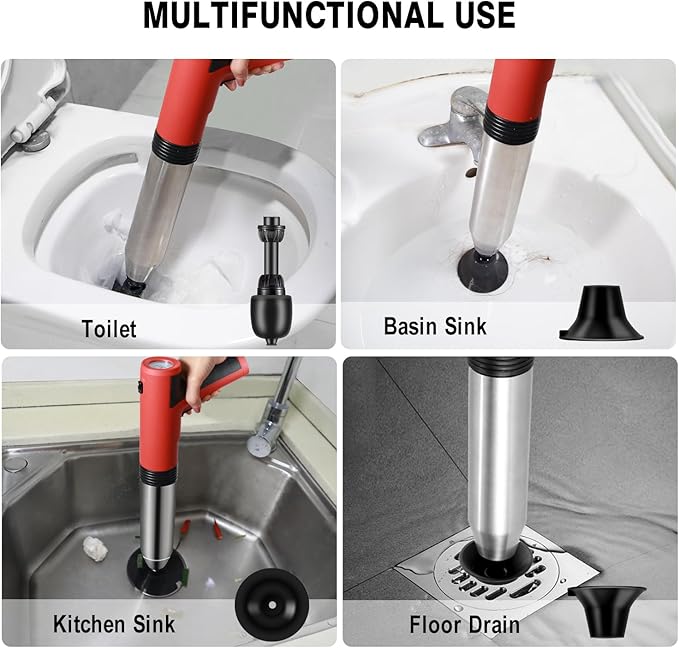 Electric Toilet Plunger ，Hair Drain Clog Remover,High Pressure Air Toilet Plungers, Heavy Duty Plunger For Toilet,Drain,Bathroom,Floor Drain,Sewer,Pipe，built-in battery,RED