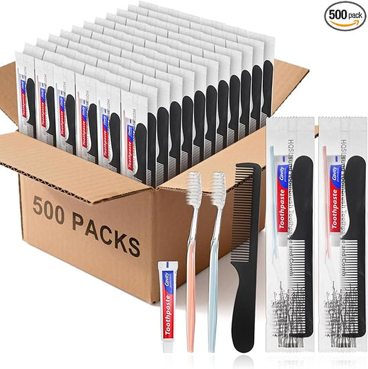 HQSLsund 500 pcs Disposable Toothbrushes with Toothpaste and Comb for Homeless Individually Wrapped,10g Travel Toothpaste,7inch Black Hair Comb, Toothbrush for Hotel,AirBnb,Shelter,Charity