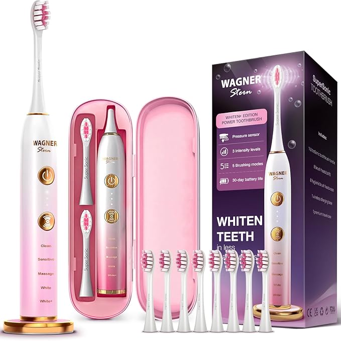 Wagner Stern WT8900 Series Electric Toothbrush – Whitening & Pressure Sensor, 5 Modes, 3 Intensities, 8 Soft Brush Heads, Rechargeable, Travel Case Included
