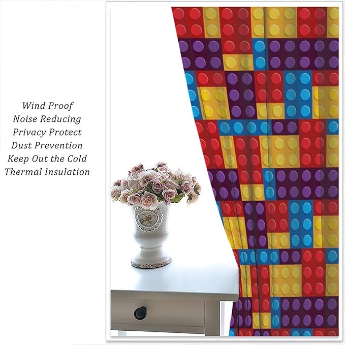Building Block Colored Curtains, Children's Themed Curtains Collection Building Block Patchwork Cartoon Print Curtains, Light Trim 2 Panel Set Rod Pockets 42x45in