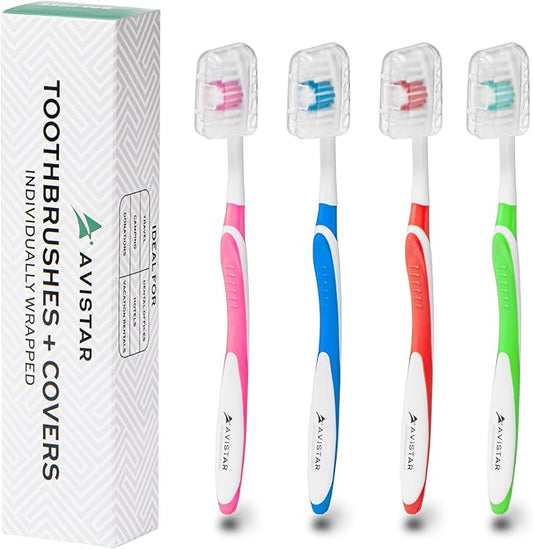 4 Pack Toothbrushes for Adults - Individually Wrapped Medium Bristle Toothbrushes with Covers - Multi-Color Pack - Convenient & Affordable Dental Care for Travel, Hotels, Airbnb, Missions & More