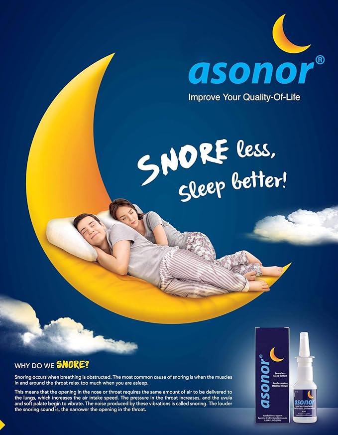 Asonor Snoring Nasal Spray - Fast Snore Stopper Drops for Better Sleep, Natural Breathing Relief - Helps Open The Throat & Air Passage While Sleeping - No Pain, Natural Anti Snoring Solution - 30ml
