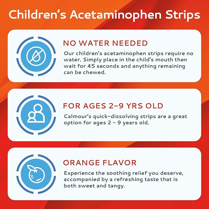 Children's Acetaminophen 24 Strips | Pain Reliever & Fever Reducer | Fast-Acting Support for Cold & Flu Symptoms | Oral Chewable Strips for Kids Ages 2-9 | Travel Size, Orange Flavor