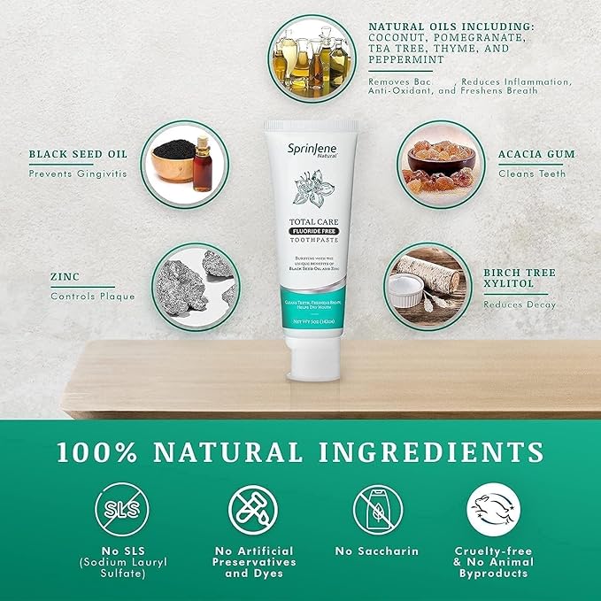 SprinJene Natural Total Care Fluoride Free Toothpaste – Patented Formula with Black Seed Oil & Zinc – Dry Mouth Toothpaste for Fresh Breath & Strong Teeth – Made in The USA (2 Pack)