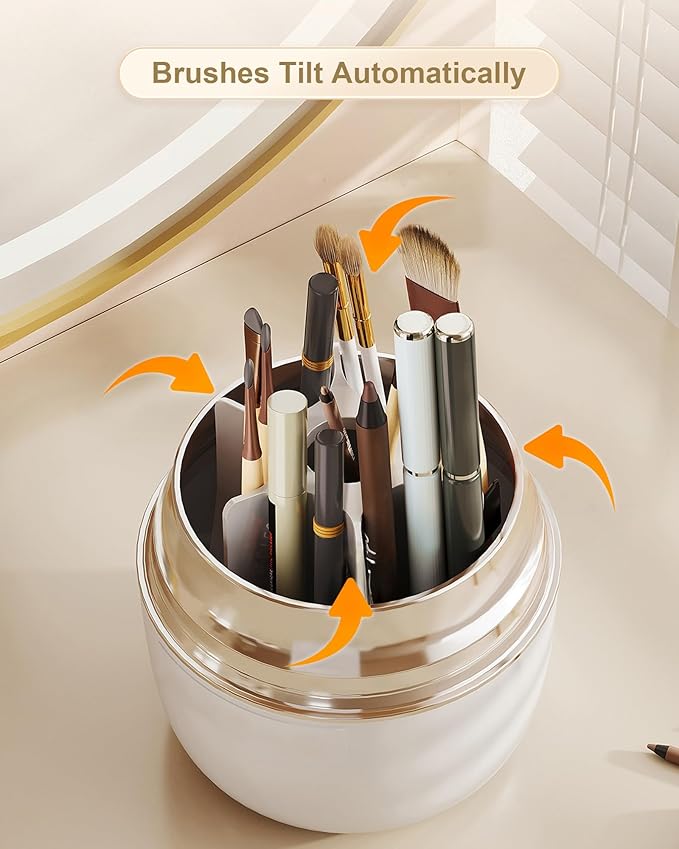 Makeup Brush Holder for Vanity - 360 Rotating Makeup Brush Organizer (Thicken Upgraded), Toothbrush Holder with Cover, Cosmetic Organizer (White)