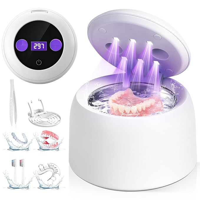 Ultrasonic Retainer Cleaner Machine, 45kHz Dental Ultrasonic Cleaner for Denture, Mouth Guard, Aligner, Braces, Toothbrush Heads, Jewelry, 5 Modes Cleaning, Digital Timer & 200ML Capacity
