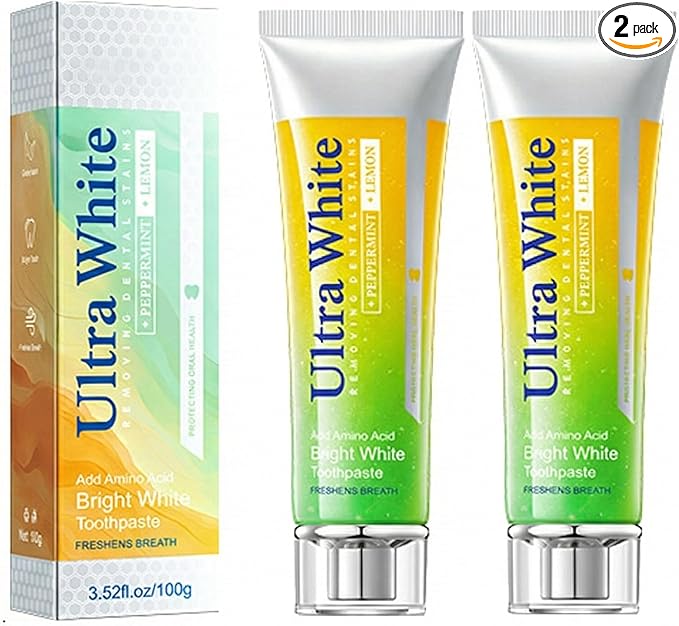 Ultra White Toothpaste for Stain Removal - Lemon Peppermint Whitening Toothpaste with Amino Acid - Fresh Breath, Gum Care & Enamel Safe Daily Tooth Paste (2 Pack, 3.52oz/100g Each)