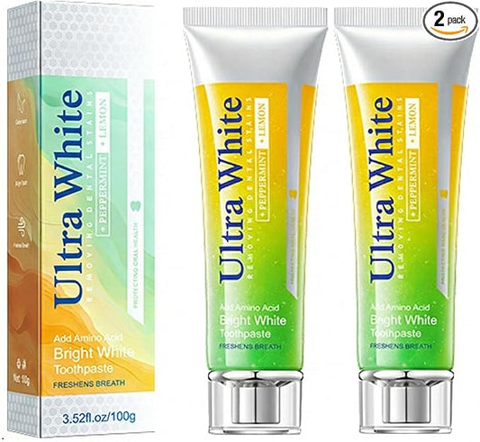 Ultra White Toothpaste for Stain Removal - Lemon Peppermint Whitening Toothpaste with Amino Acid - Fresh Breath, Gum Care & Enamel Safe Daily Tooth Paste (2 Pack, 3.52oz/100g Each)