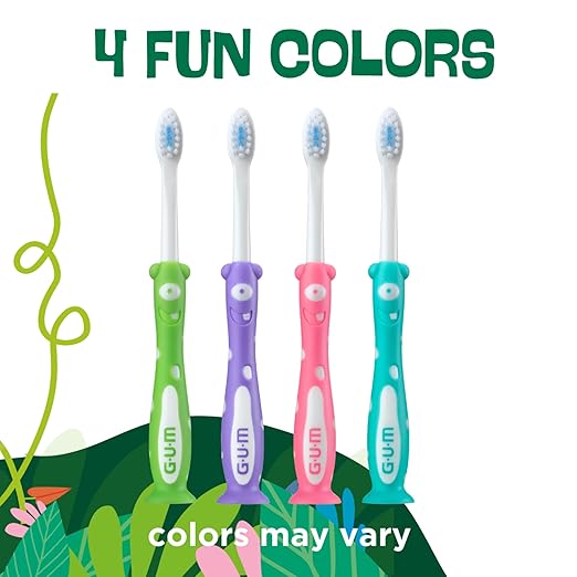 GUM Monsterz Children and Toddler Toothbrush, Soft Bristled Kids’ Toothbrush with Suction Cup, for Ages 2+, 2 Count(Pack of 6)