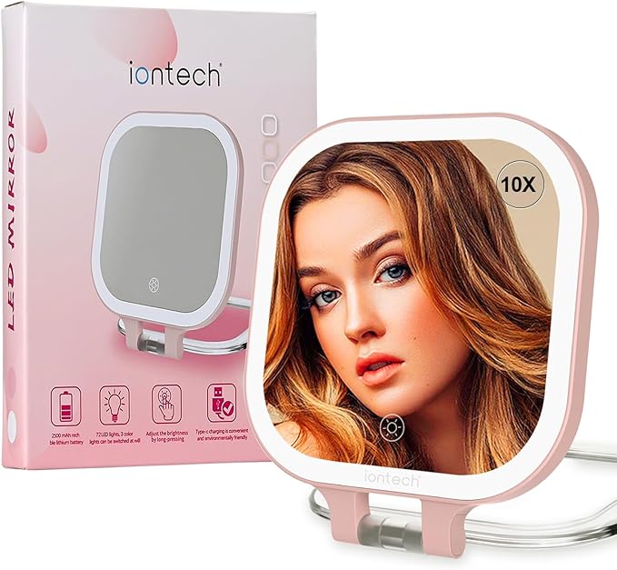 ION iontech Vanity Mirror with Lights,1x/10x Magnifying Glass,2500mAh Battery Double Sided Vanity Mirror,7in Makeup Mirror with 3 Color Light,Brightness Adjustment Memory,Folding Stand (Pink)