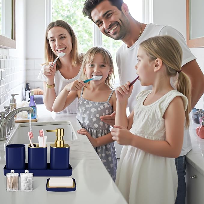 25PCS Bathroom Accessory Set, Navy Blue Bathroom Set with Large-Capacity 4 Gallon Trash Can,Bathroom Rugs Set, Waterproof Shower Curtain, Toilet Brush, Toothbrush Holder & Soap Dispenser