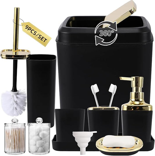 Bathroom Accessories Set - Black Bathroom Set, 9PC Bathroom Accessory Set with Trash Can, Toilet Brush, Qtip Holder Dispenser & Soap