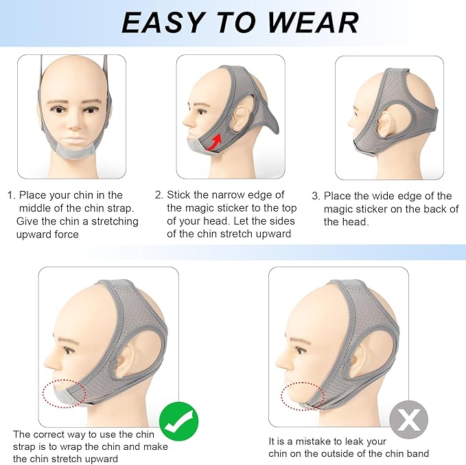 Forzacx Anti Snoring Chin Strap - Light Breathable Cpap Chin Strap Snoring Solution, Comfortable Chin Portion Widen Softer, Efficient Reduce Snoring, Adjustabl Sleep Chin Strap for Men Women - Grey