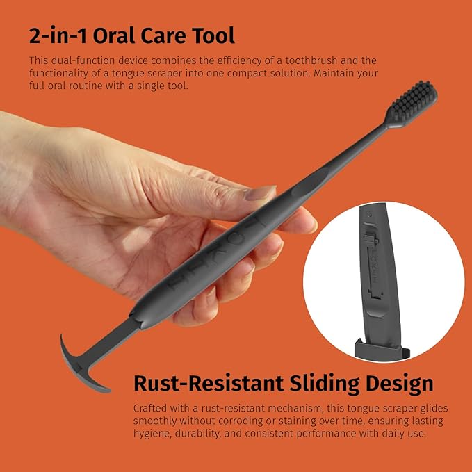 TOKII Tongue Scraper Cleaner Charcoal Bristles Toothbrush for Bad Breath with Waterproof Pouch for Travel, Hygienic Stand and Enviromentally Friendly (Black, Pack of 2)