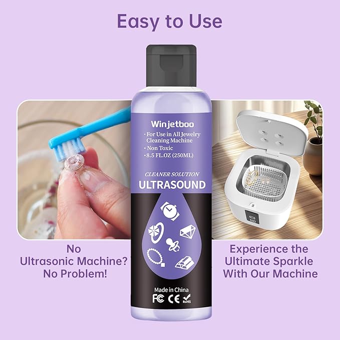 Ultrasound Jewelry Cleaner Solution, Use in All Ultrasound Jewelry Machines, Rings and Eyeglass, Performance Liquid Cleans Solution for Diamonds, Gold, Earrings, and Watch, 8.5 oz/250 ml