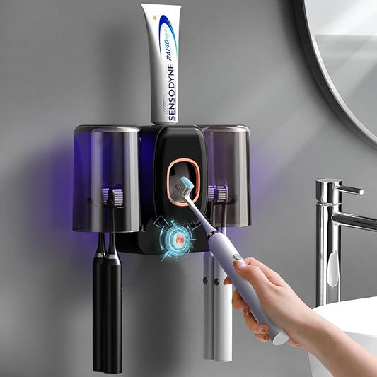 Toothbrush Holders for Bathrooms, Wekity Automatic Toothpaste Dispenser Space Saving Toothbrush and Toothpaste Holder，Toothbrush Holder Wall Mounted with 2 Cups for Bathroom (Black)…
