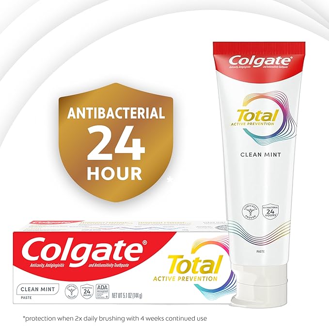 Colgate Total Clean Mint Toothpaste, 10 Benefits, No Trade-Offs, Freshens Breath, Whitens Teeth and Provides Sensitivity Relief, Clean Mint Flavor, 4 Pack, 5.1 Oz Tubes