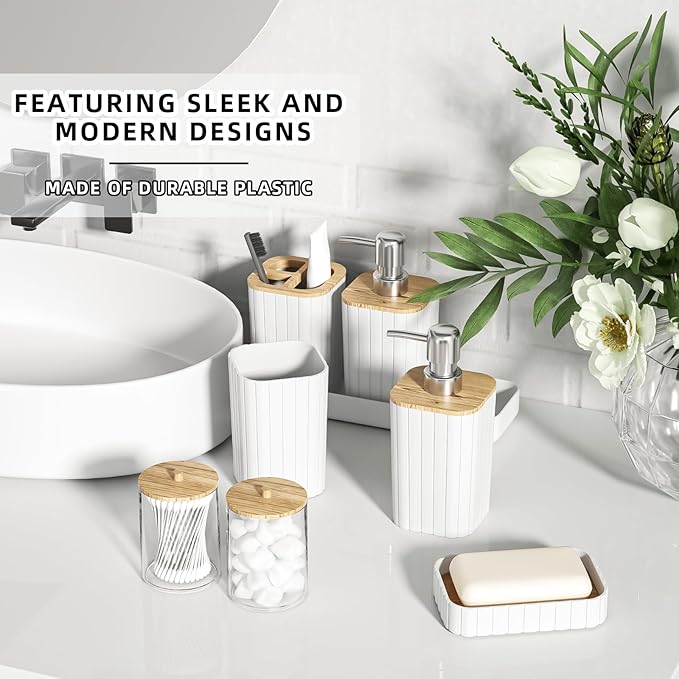 Bathroom Accessories Set - Elegant White Bathroom Set, 10PC Bathroom Accessory Set, Toilet Brush, Trash Can, Qtip Holder Dispenser & Soap Dispenser