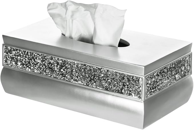 Crackled Glass Silver Tissue Box Cover Rectangular - Decorative Bling Tissue Box Holder with Beautiful Mosaic Glass - Elegant Tissue Holder for Bathroom with Durable Bottom Slider (Silver Collection)