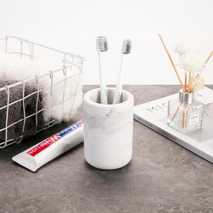 Natural Marble Toothbrush Holder for Bathroom Countertop Toothbrush Makeup Brush Holder for Bathroom,Toothpaste Organizer,Razor Stand,Anti-Slip Rubber Pad (NS036) (Column)