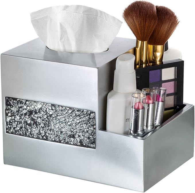 Crackled Glass Silver Tissue Box Cover Square and Nightstand Organizer for Men & Women - Multi-Function Mosaic Glass Tissue Box Holder with Makeup, Phone, Remote Control Holder Organizer for Table