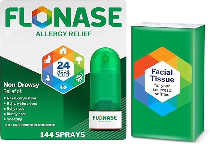 Flonase Allergy Relief Nasal Spray, 24-Hour Non-Drowsy Multi-Symptom Relief 144 Sprays, Bonus Pack of Tissues