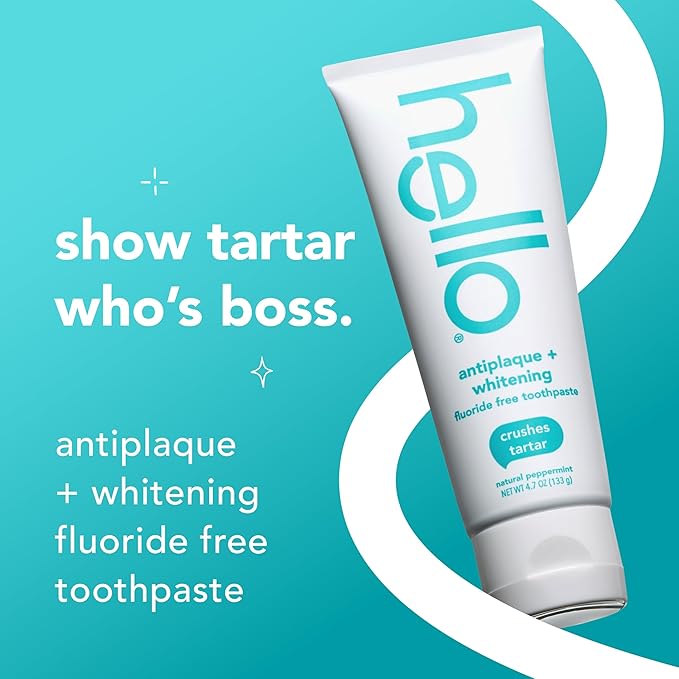 hello Antiplaque and Whitening Fluoride Free Toothpaste, Whitening Toothpaste with Coconut Oil and Tea Tree Oil, Helps Whiten Teeth, Natural Peppermint, 3 Pack, 4.7 Oz Tubes