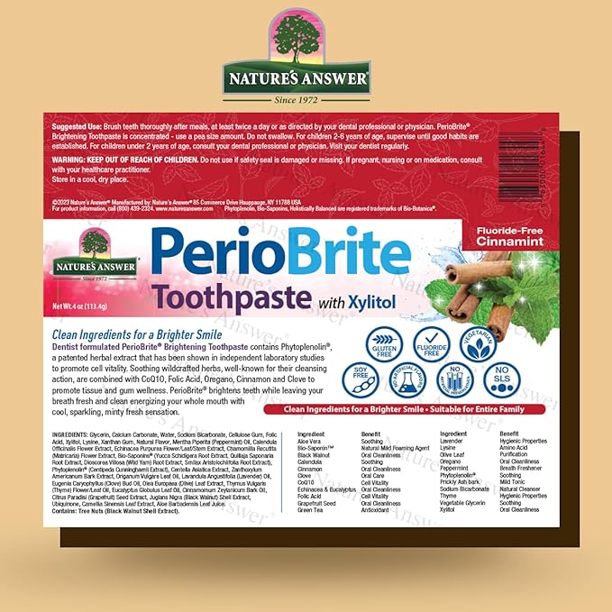 Nature's Answer PerioBrite Toothpaste, Cinnamint, 4-Ounces Fluoride Free with CO Q10 | for Sensitive Teeth | Whitens Teeth | Freshens Breath | Minimizes Dry Mouth