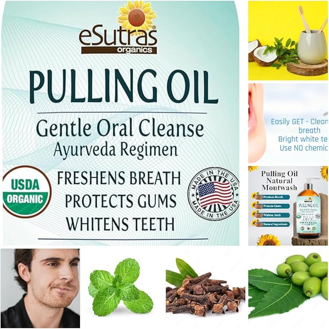 eSutras Pulling Oil Herbal Mouthwash Powerful Coconut Sesame Sunflower Oils + Essential Oils, Mint Clove Whitens Teeth Refreshes Breath Strengthens Gums