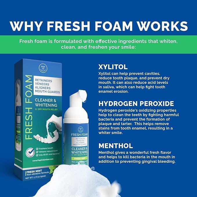Aligner & Retainer Cleaner Foam – Dry Mouth Relief, Compatible with Invisalign, Aligners, Retainers, Mouth Guards, Night Guards, Veneers, Whitens, Freshens, 3% Hydrogen Peroxide, Mint - 50ml, 2 PC