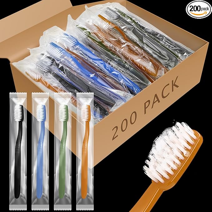 Tioncy 200 Pack Prepasted Disposable Toothbrushes Individual Wrapped Toothbrushes Soft Bristle Travel Toothbrush Single Use Wrapped for Hotel, Camp, Travel and Gift for The Homeless (Morandi Colors)