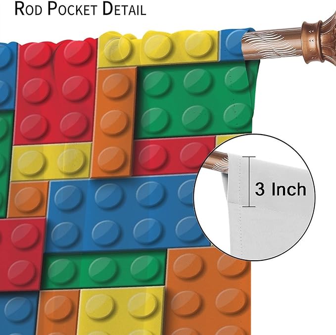 Building Block Toy Curtain Rod Pocket Children's Nursery Abstract Outline Colorful Toy Cartoon Theme Brick Geometric Print Curtain, Blackout Curtain for Boys and Girls Room 42x45in