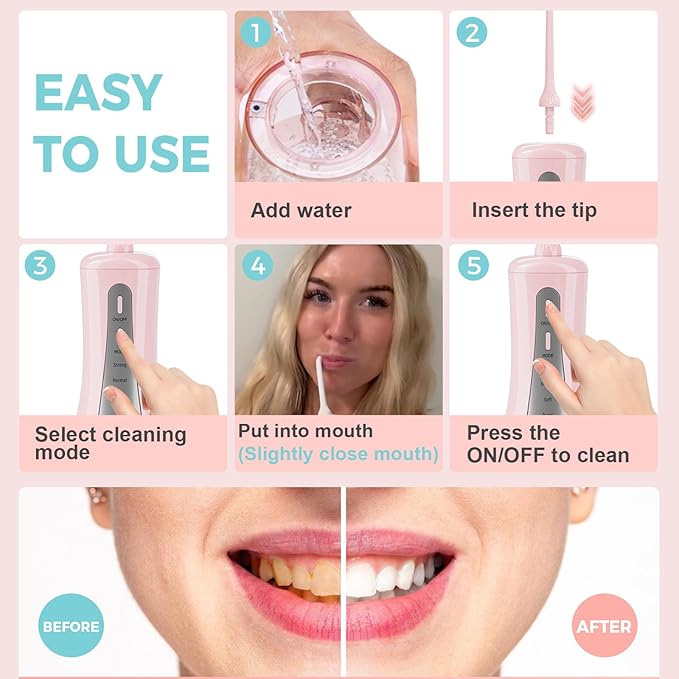 2026 Upgrade Portable Cordless Water Flosser, 350ML Tank & Travel Storage Bag, 5 Modes IPX7 Waterproof for Home & Travel, USB Rechargeable Electric Dental Flosser for Teeth Cleaning (Pink)