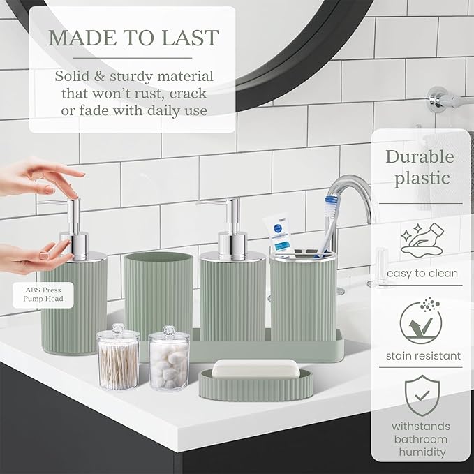 Sage Green Bathroom Accessories Set - Bathroom Sets, 25PC Bath Accessory Set, Bathroom Sets with Push Top Trash Can, Shower Curtain and Rugs, Toilet Brush, Trash Can & Soap Dispenser
