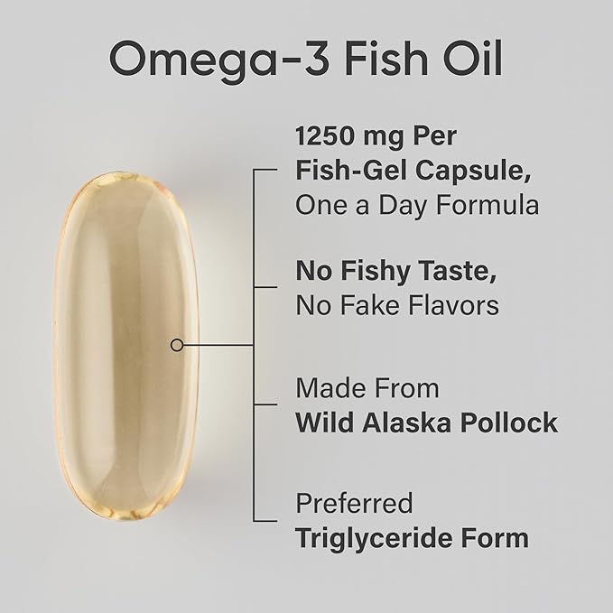 Sports Research Triple Strength Omega 3 Fish Oil - Burpless Fish Oil Supplement w/EPA & DHA Fatty Acids from Single-Source Wild Alaska Pollock - 1250 mg, 90 ct